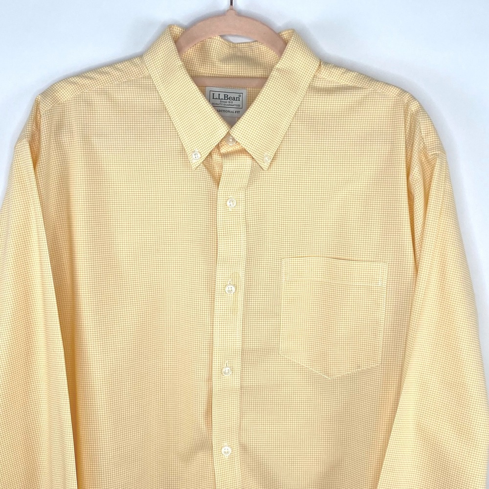 LL BEAN Button Down Shirt Mens Large Peach Gingham Traditional Fit Cotton Preppy